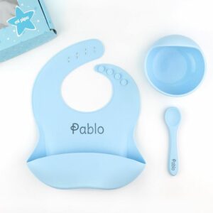 Vajilla bol, cuchara y babero silicona personalizados celeste