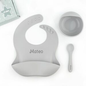 Vajilla bol, cuchara y babero silicona personalizados gris