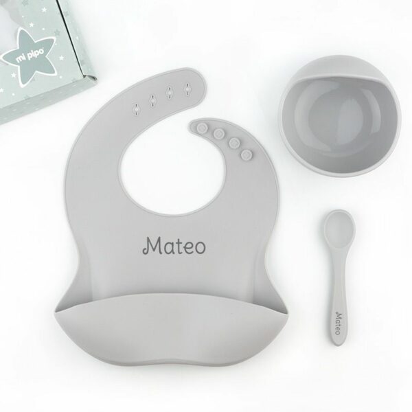 Vajilla bol, cuchara y babero silicona personalizados gris