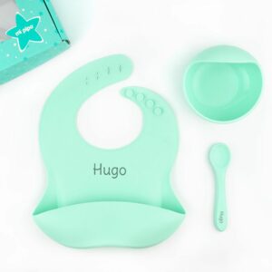 Vajilla bol, cuchara y babero silicona personalizados menta