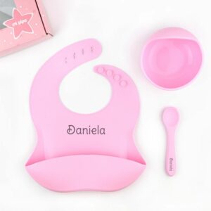 Vajilla bol, cuchara y babero silicona personalizados rosa