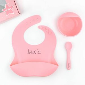 Vajilla bol, cuchara y babero silicona personalizados salmón
