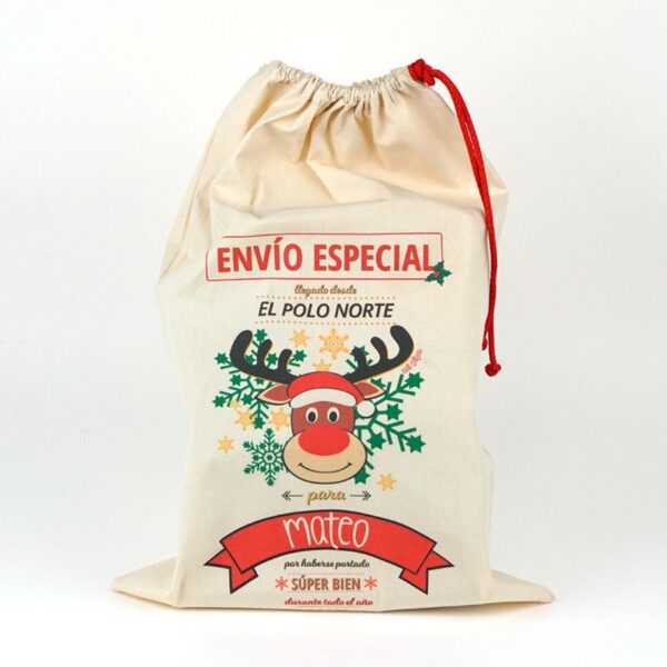 Saco navideño para regalos Reno Rudolph personalizado