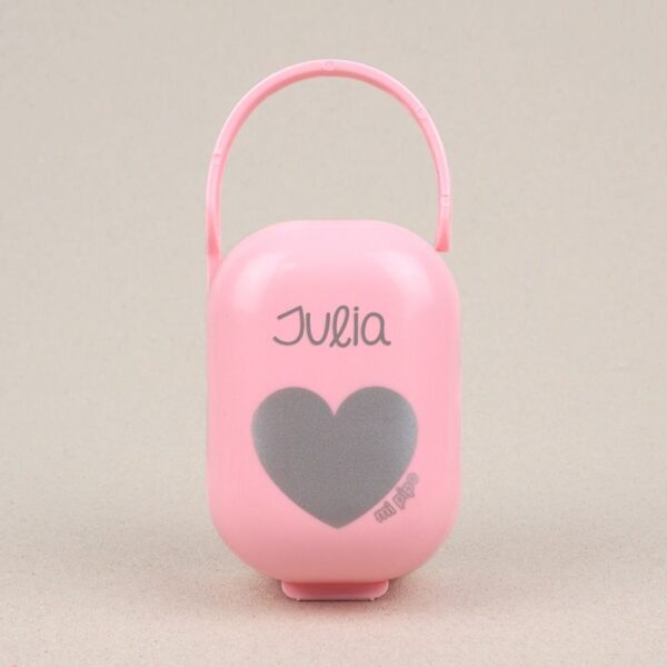 Cajita portachupetes rosa corazón plata personalizada