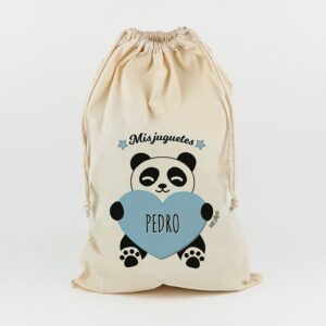 Saco para juguetes personalizado panda corazón azul