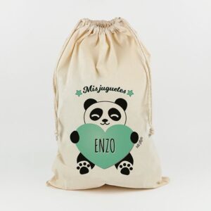Saco para juguetes personalizado panda corazón mint