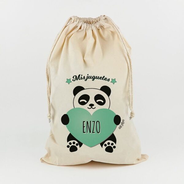 Saco para juguetes personalizado panda corazón mint