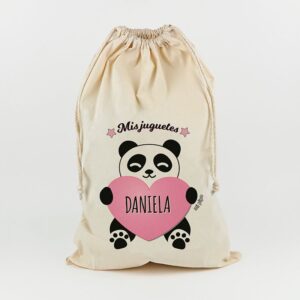 Saco para juguetes personalizado panda corazón rosa