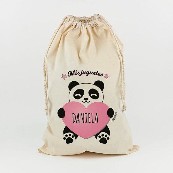 Saco para juguetes personalizado panda corazón rosa