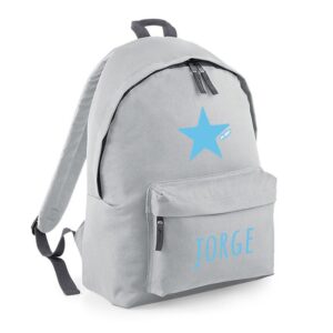 Mochila junior gris personalizada en azul