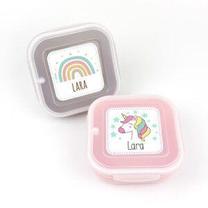 Pack 2 fiambreras herméticas personalizadas arcoiris y unicornio.